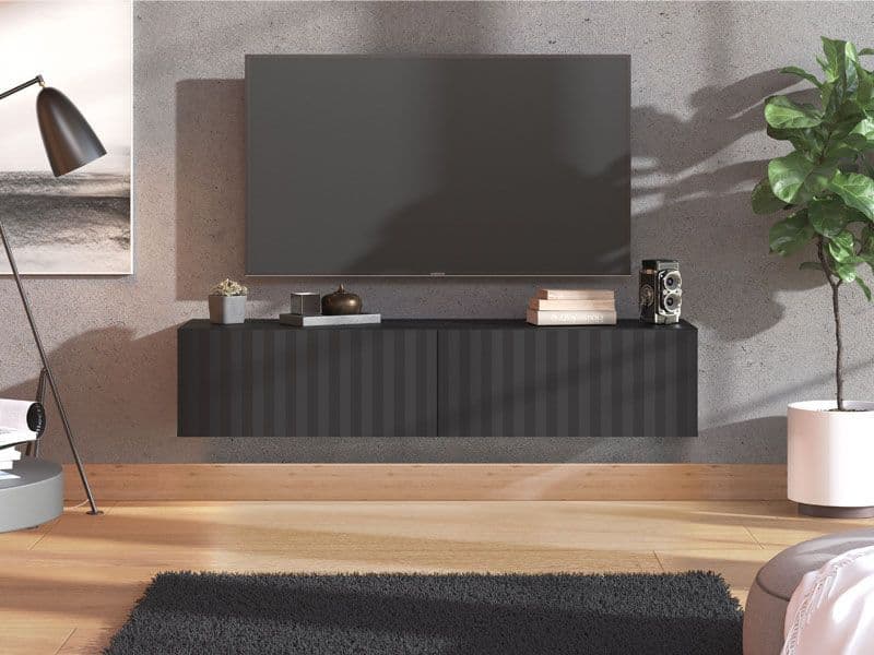 Como Black Slat Effect Wall Mounted Floating Small TV Entertainment Unit - 3433