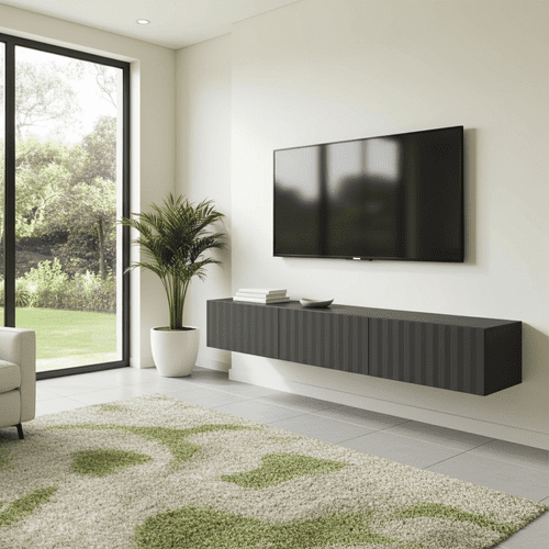 Como Black Slat Effect Wall Mounted Floating Wide Large TV Entertainment Unit - 11014662