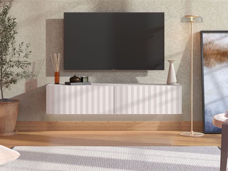 Como White Slat Effect Wall Mounted Floating Small TV Entertainment Unit - 3432