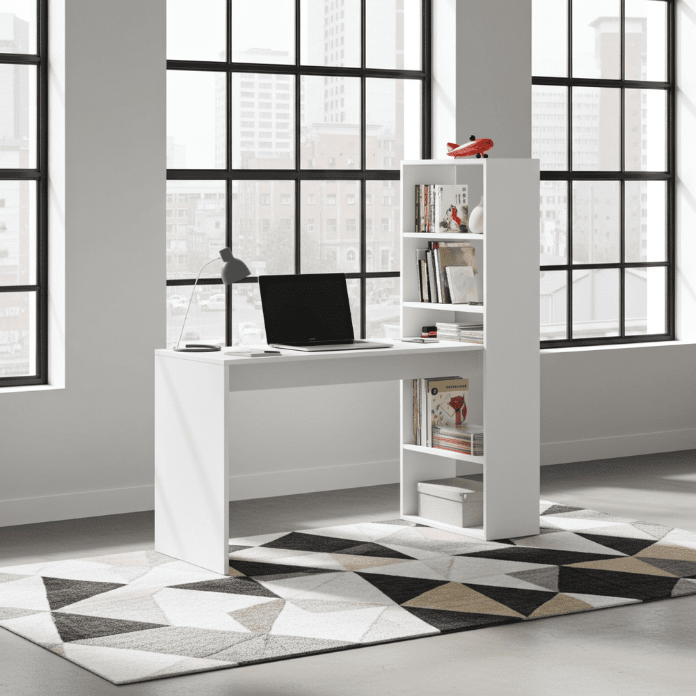 Double Matt White Computer Desk Table with Bookcase - 2564