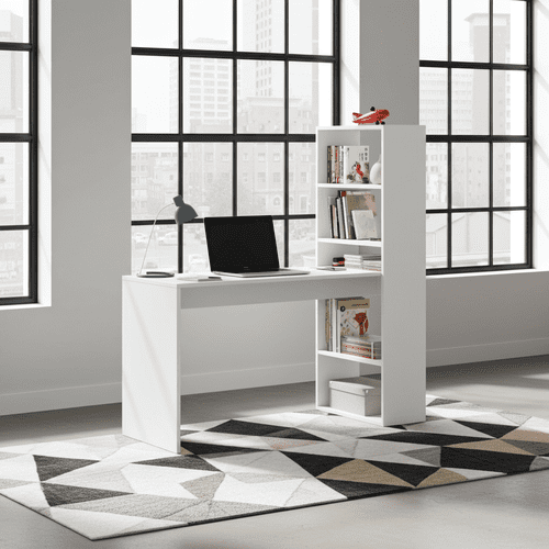 Double Matt White Computer Desk Table with Bookcase - 2564