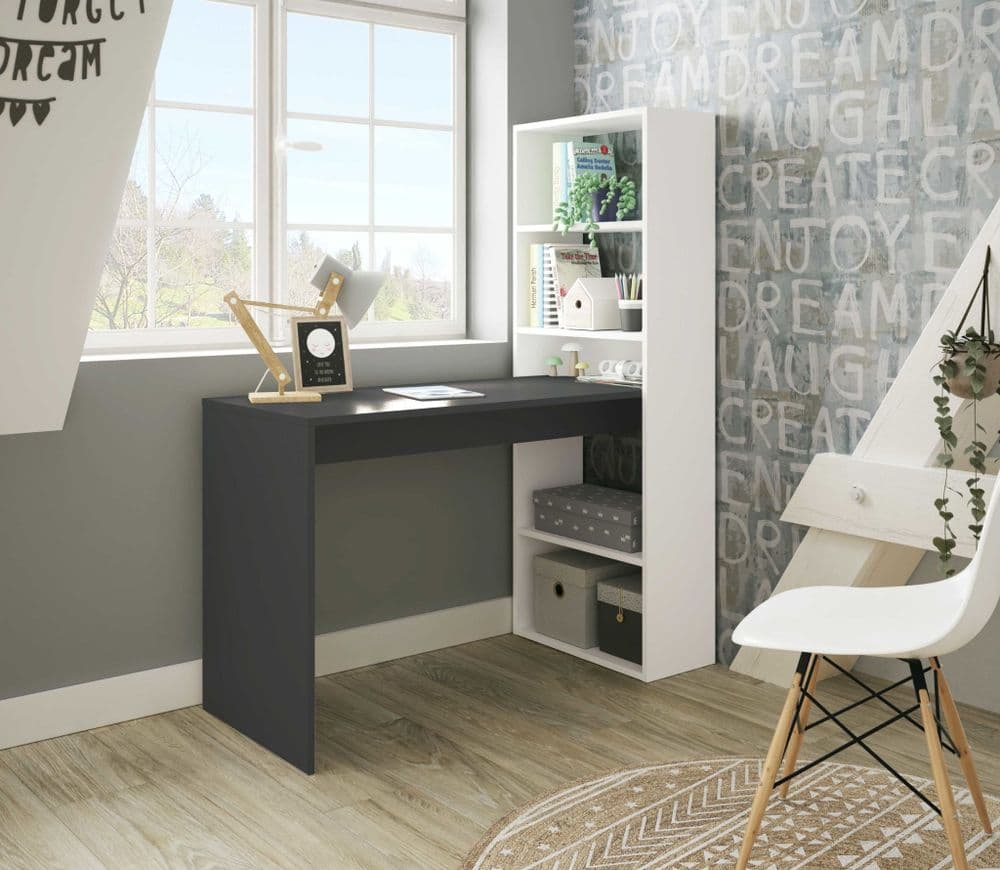 Double White and Grey Effect Computer Desk Table with Bookcase - 3220