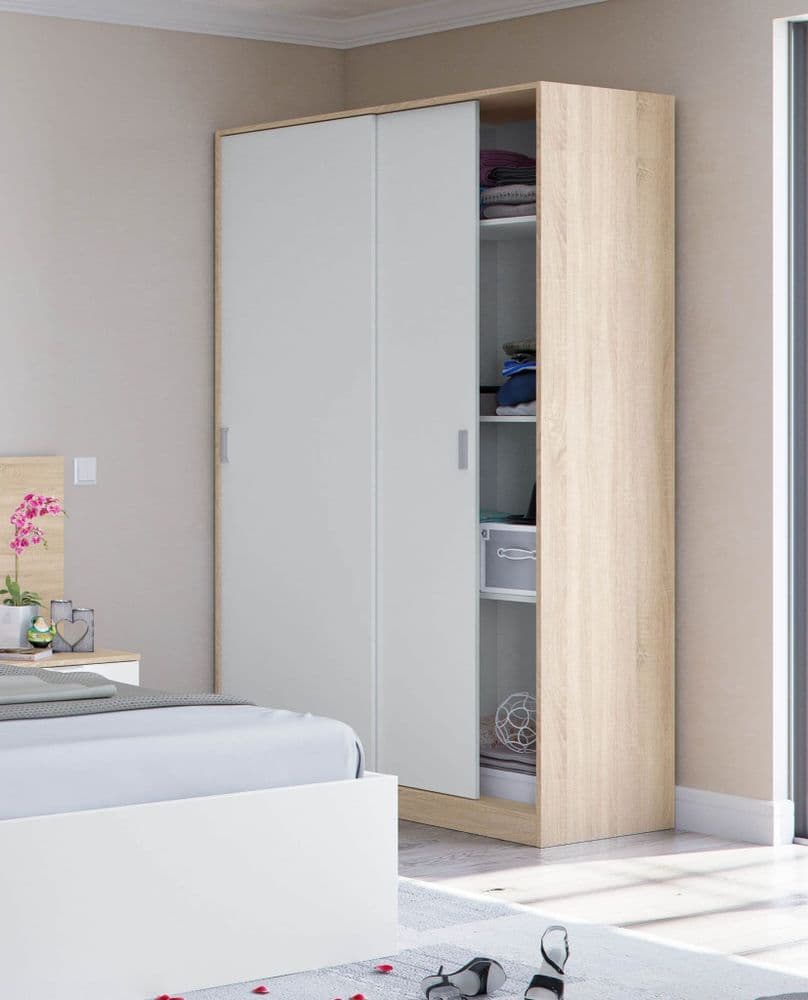 Durham Artic White and Oak Effect Small Narrow Sliding 2 Door Wardrobe 120cm Wide - 3208