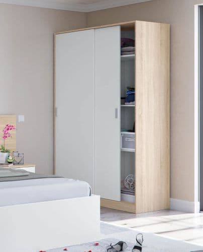 Durham Artic White and Oak Effect Small Narrow Sliding 2 Door Wardrobe 120cm Wide - 3208