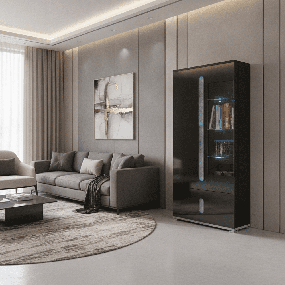 Elise Black High Gloss And Grey 1 Glass Door Display Cabinet T22 - 3017
