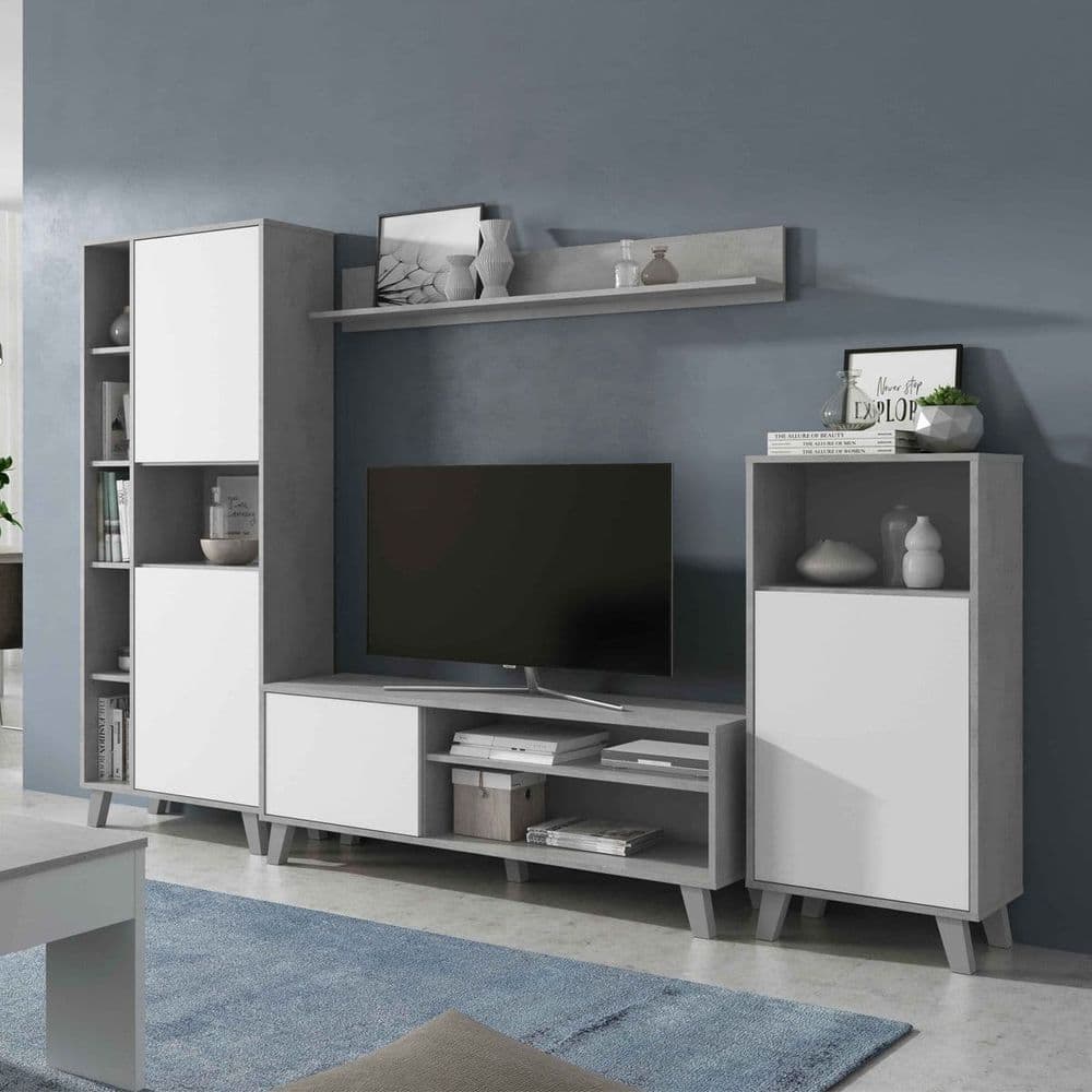 Eriksen White And Concrete Grey Effect Large TV Entertainment Wall Unit Cabinet - 3218