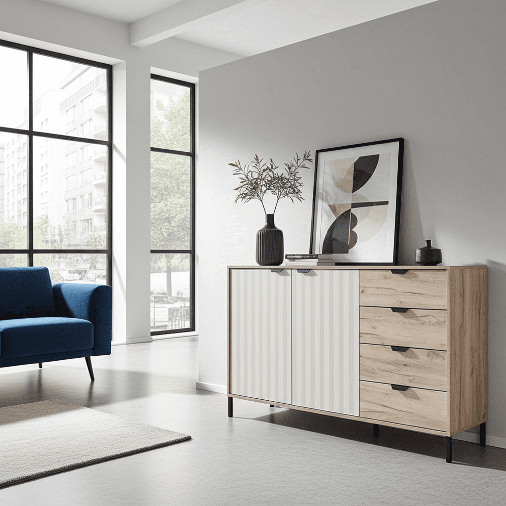 Evandria Grey Oak Effect And Cashmere Slatted Sideboard - 3445