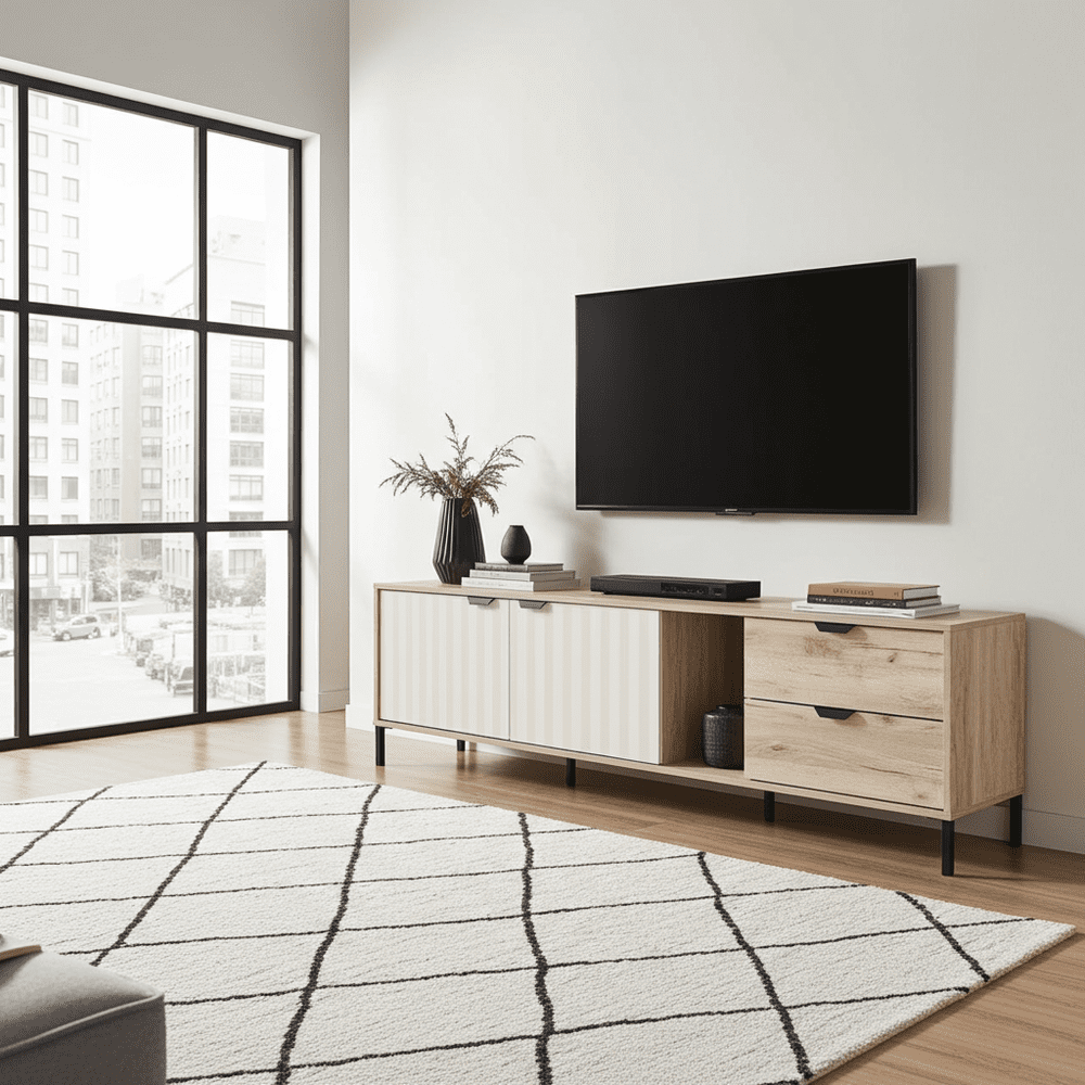 Evandria Vandea Grey Oak Effect Cashmere Slatted TV Unit Cabinet - 11013565