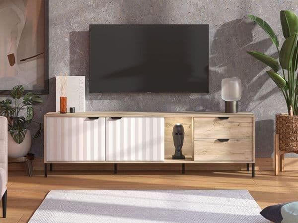 Evandria Vandea Grey Oak Effect Cashmere Slatted TV Unit Cabinet - 3446