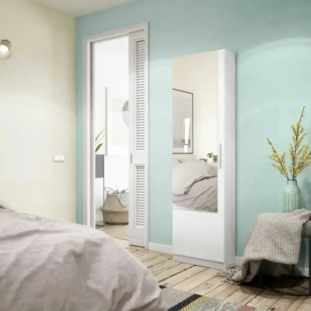 Giovanni Artic White Tall Shoe Cabinet 1 Mirrored Door 14-16 Pairs - 3228