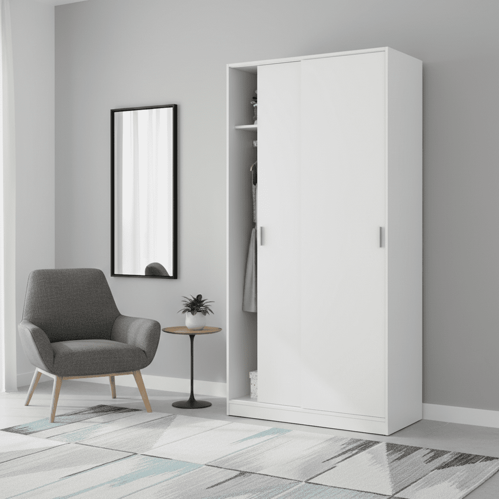 Hansen White Small Narrow Sliding 2 Door Wardrobe - 3207