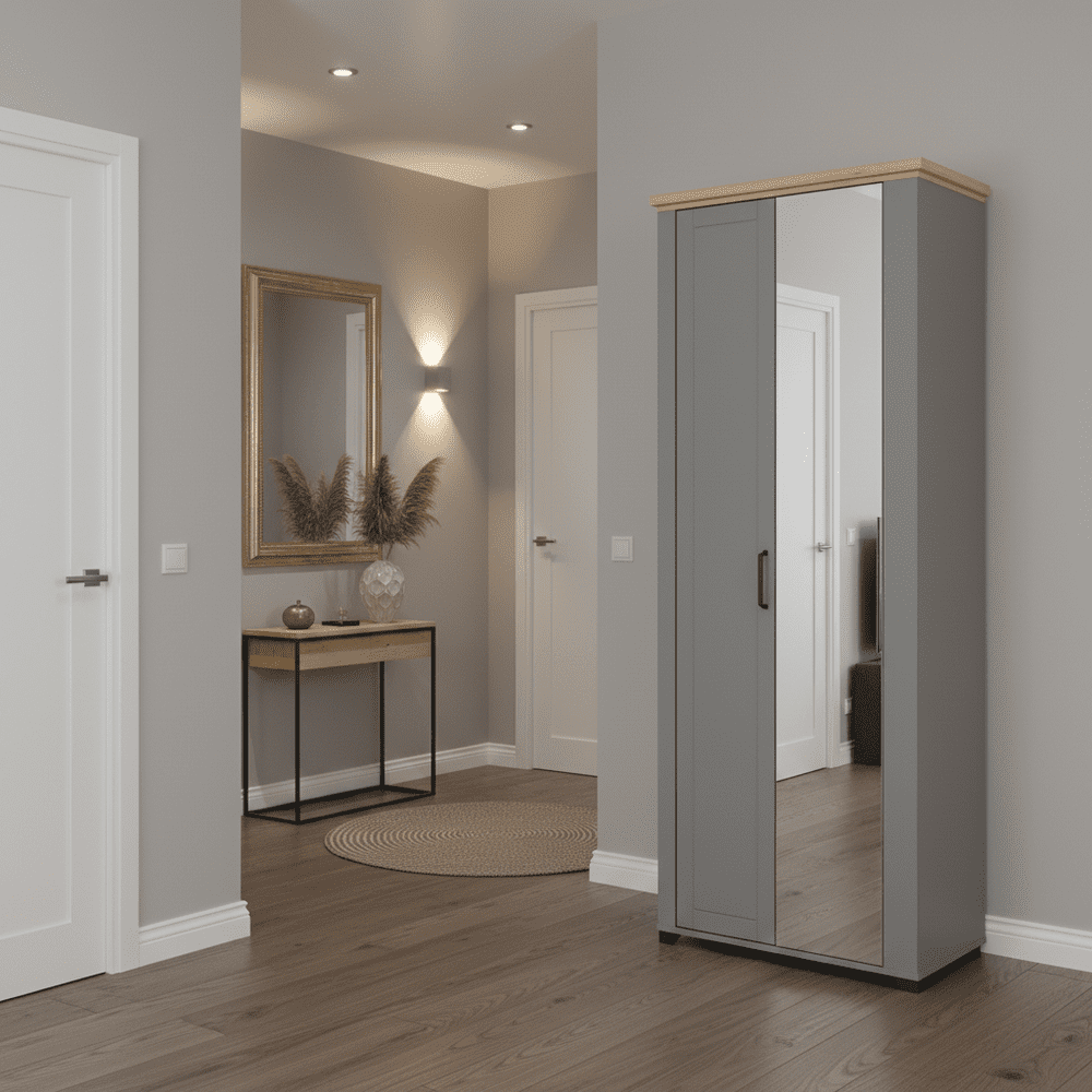 Havertz Grey And Artisan Oak Slim Narrow Shallow Depth Mirrored Wardrobe - 11011371