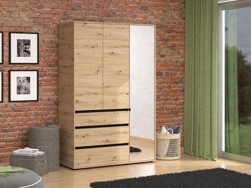 Kyoto Artisan Oak Effect 3 Door 3 Drawer Mirrored Wardrobe - 3473