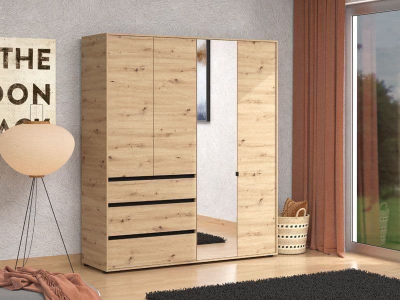 Kyoto Artisan Oak Effect 4 Door 3 Drawer Mirrored Wardrobe - 11014097