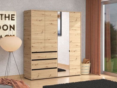 Kyoto Artisan Oak Effect 4 Door 3 Drawer Mirrored Wardrobe - 3471