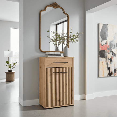 Lazlo Slatted Artisan Oak Effect Low Narrow Hallway Sideboard - 11013433