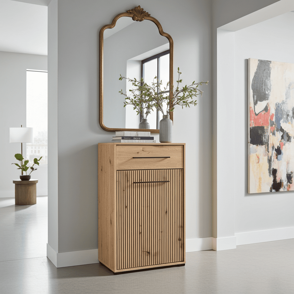 Lazlo Slatted Artisan Oak Effect Low Narrow Hallway Sideboard - 11013433