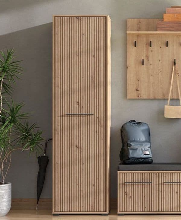 Lazlo Slatted Artisan Oak Effect Slim Wardrobe - 11013431