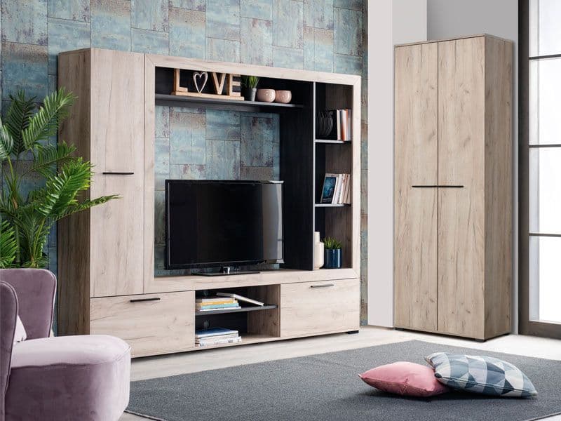 Lucerne Grey Oak Effect And Black Entertaiment Unit Wall TV Cabinet - 3425