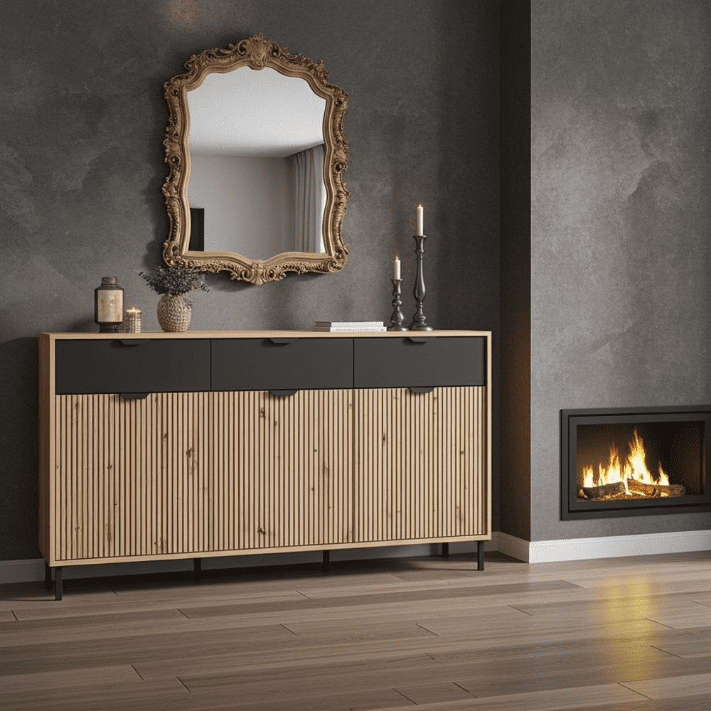 Martinique Artisan Oak Effect Slatted And Black 3 Door Sideboard - 11013359