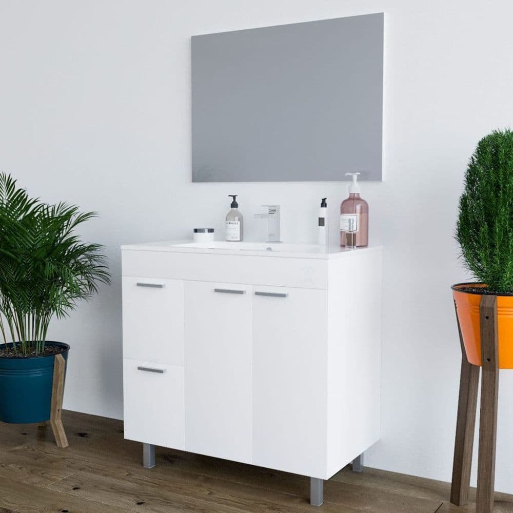 Milano White Gloss 2 Door 2 Drawer Bathroom Vanity Cabinet with Sink And Mirror - 305450BO