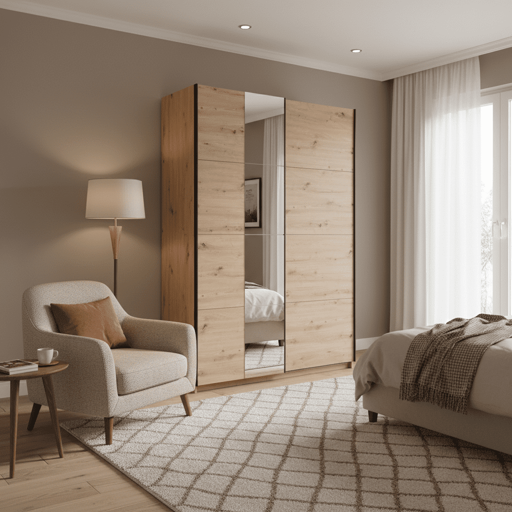 Noah Oak Effect Sliding Wardrobe With Mirror - 11013480