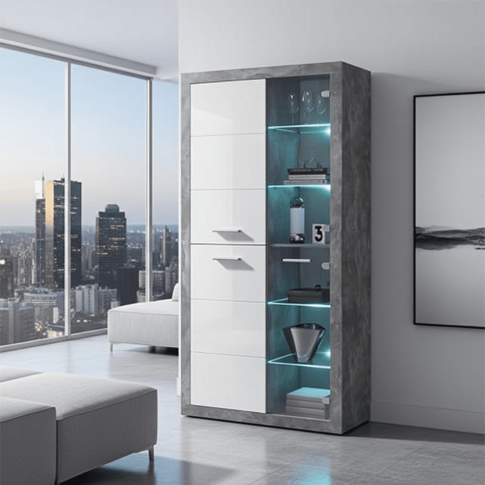 Pietra Tall Display Cabinet in Grey and White Gloss - 2703