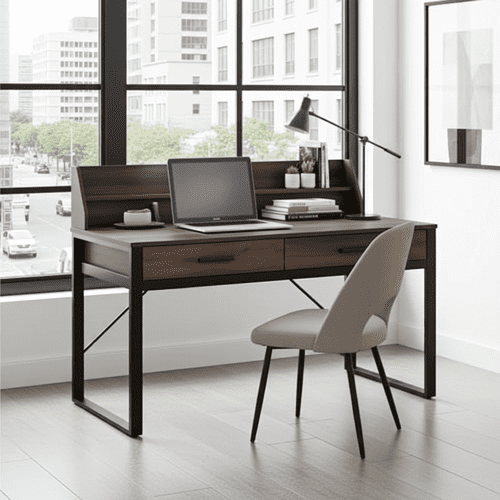 Reusch Dark Walnut Effect Writing Study Desk with Drawers and Hutch