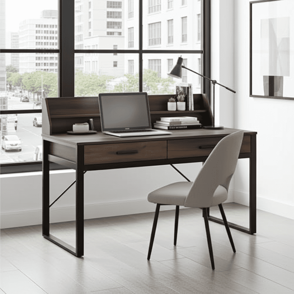 Reusch Dark Walnut Effect Writing Study Desk with Drawers and Hutch
