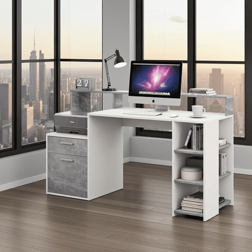 Sansa White and Grey Desk with Hutch - 2673