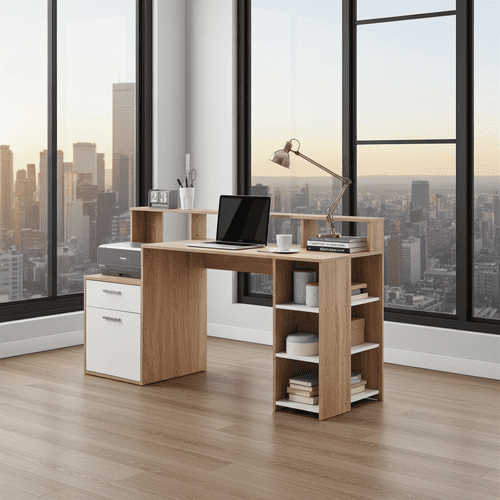 Sansa White and Oak Desk with Hutch - 3080