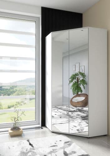 Santino Full Mirrored and White 2 Door Corner Wardrobe - 2292