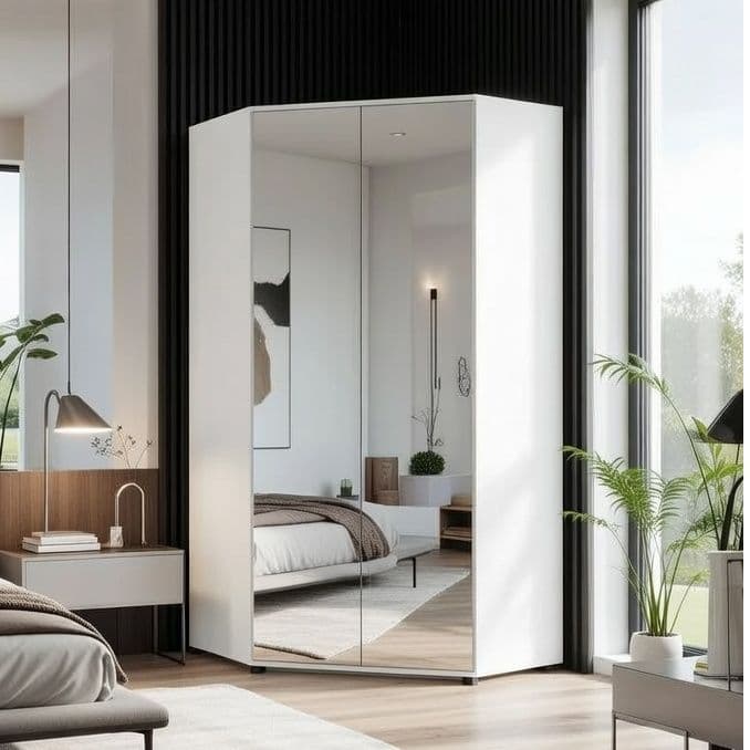 Santino Full Mirrored and White 2 Door Corner Wardrobe - 2292