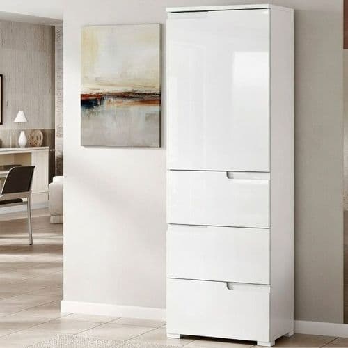 Santino White Gloss Slim Tallboy Storage Unit with Cupboard and Drawers S11 - 2642