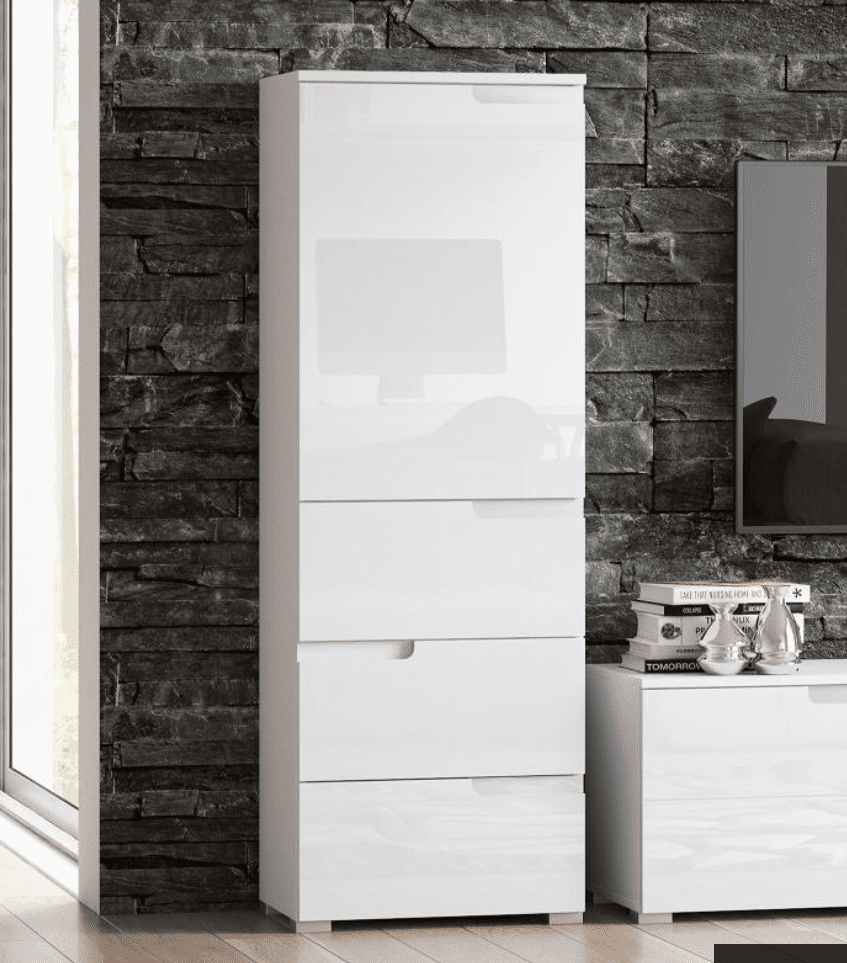 Santino White Gloss Slim Tallboy Storage Unit with Cupboard and Drawers S11 - 2642