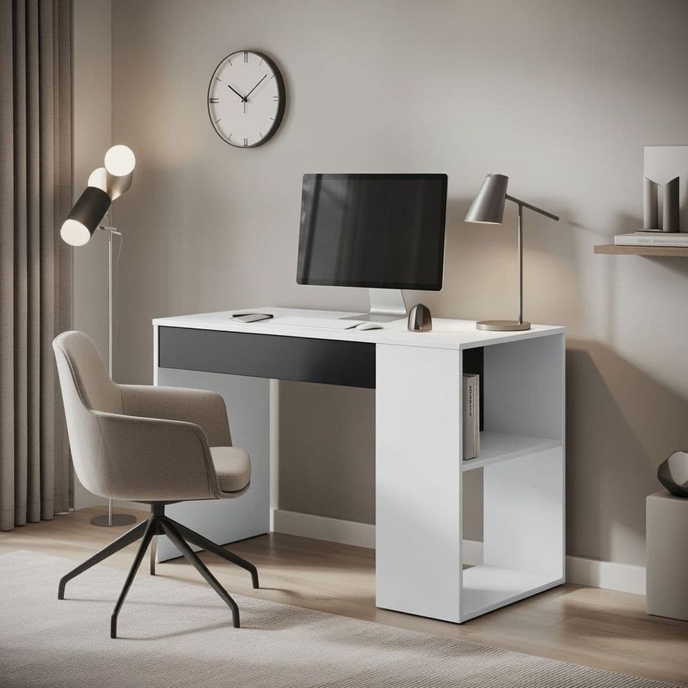 Sesko Grey and White Desk with Drawer and Shelves - 3131