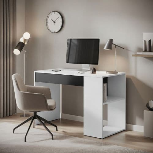 Sesko Grey and White Desk with Drawer and Shelves - 3131