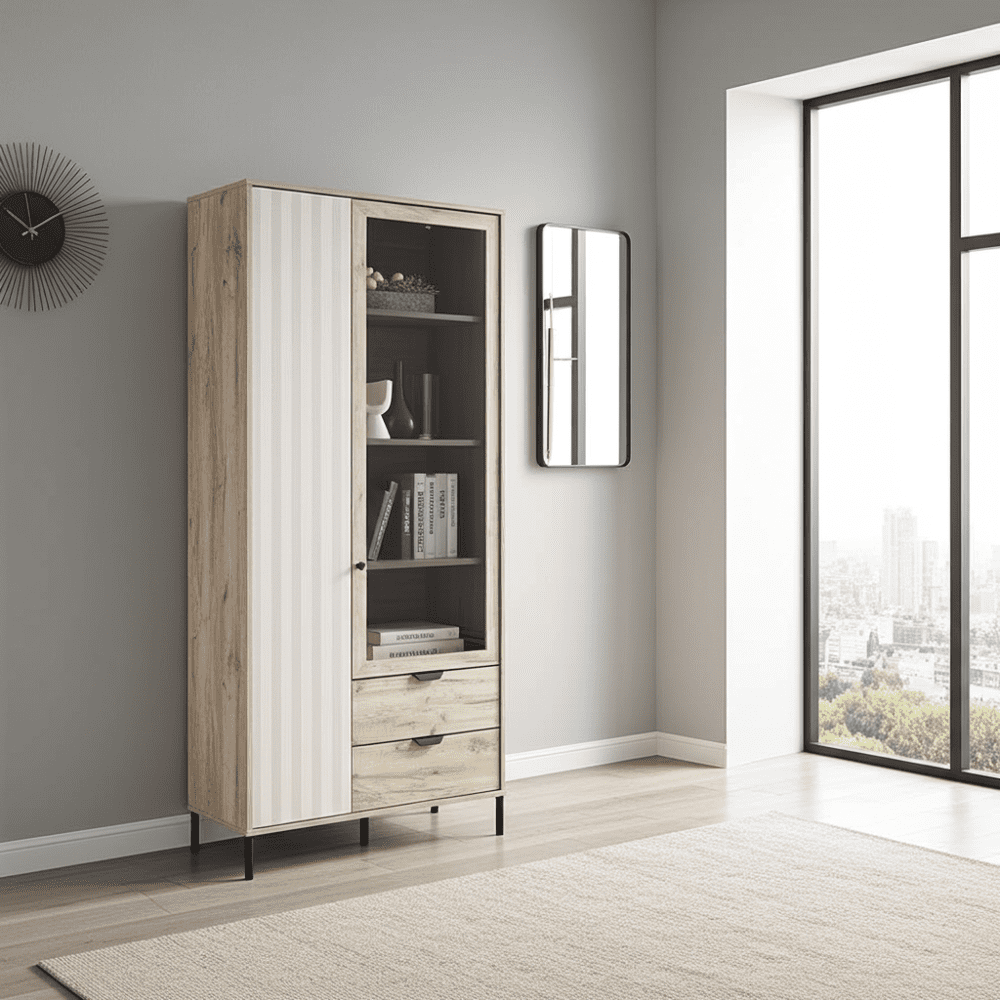 Vivea Grey Oak Effect And Cashmere Slatted 2 Door Display Cabinet  - 11013569