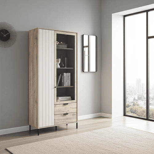 Vivea Grey Oak Effect And Cashmere Slatted 2 Door Display Cabinet  - 11013569