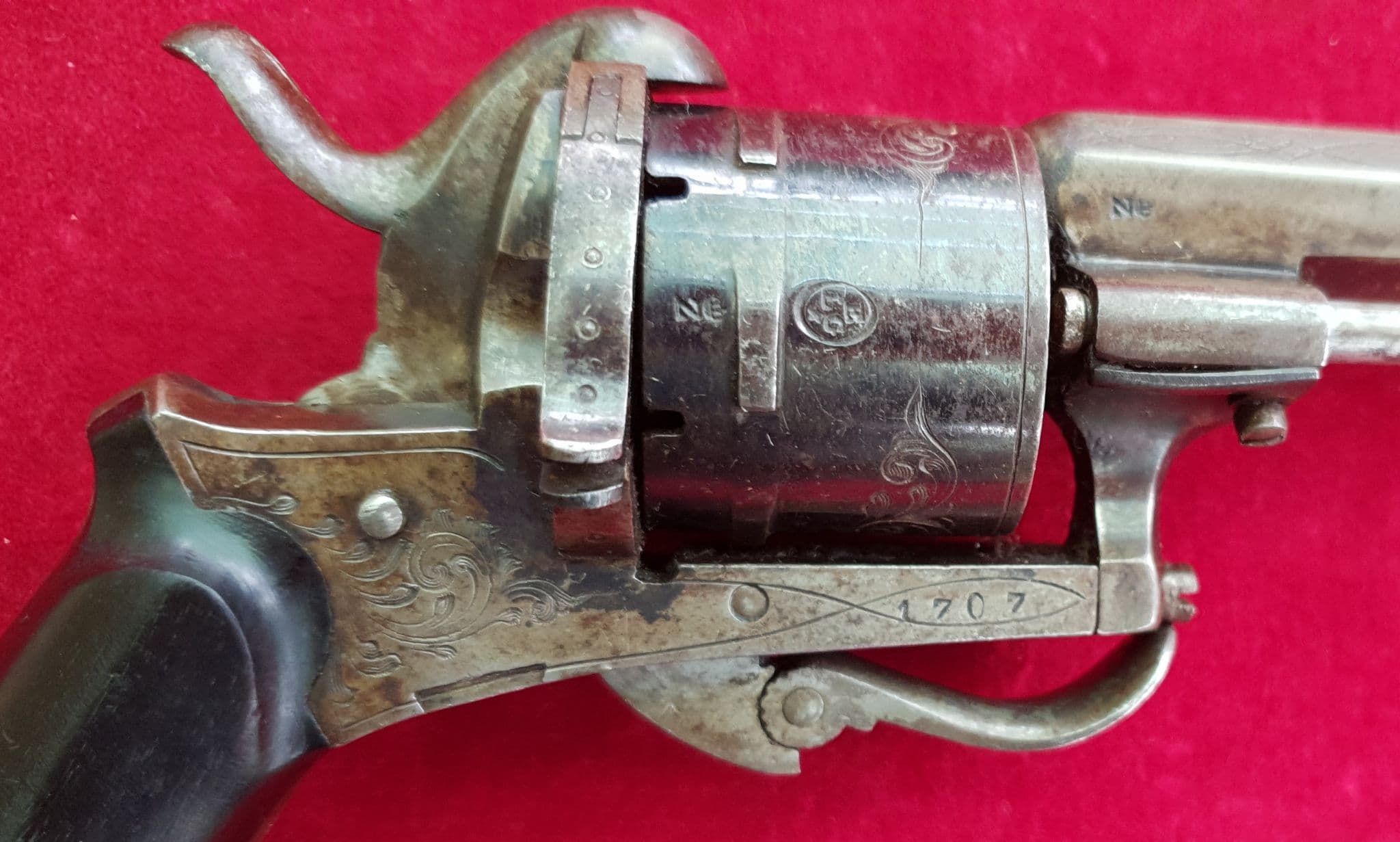 X X X SOLD X X X Belgian 7mm 6 shot pin-fire revolver with folding trigger  Circa 1865 Ref 2588