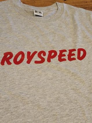 A CLASSIC ROYSPEED T SHIRT (GREY  WITH RED SCRIPT