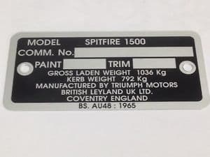 COMMISSION/DATA PLATE TRIUMPH SPITFIRE  1500