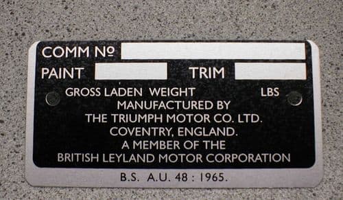 COMMISSION/DATA PLATE TRIUMPH SPITFIRE MK 1 - IV & GT6 MK 1 - 3
