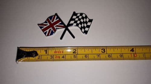 CROSSED FLAG BADGE UNION JACK / CHEQUERED METAL ENAMLED STICK ON