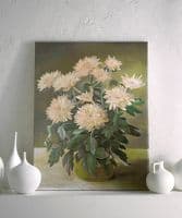 Chrysanths in green pot - faux oil on canvas - SOLD