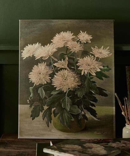 Chrysanths in green pot - faux oil on canvas - SOLD