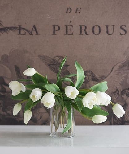 Faux white tulips in glass vase - SOLD