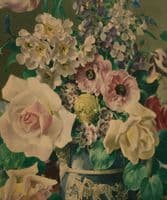 Flowers in Wedgewood vase - mid-century framed canvas print =- SOLD