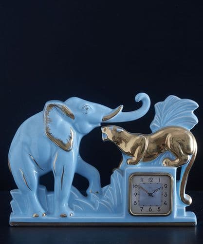 French Art Deco elephant & big-cat mantel clock