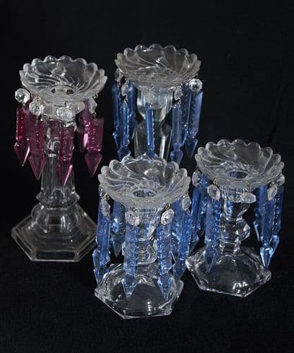 Glass candlesticks with coloured crystal bobeches - SOLD
